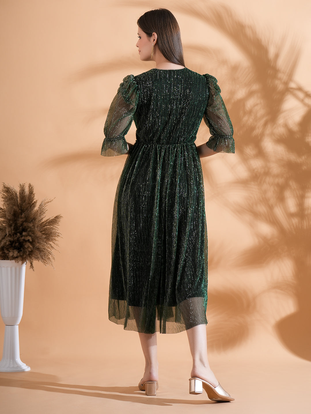 Embellished Green Pleated Flared Midi Dress