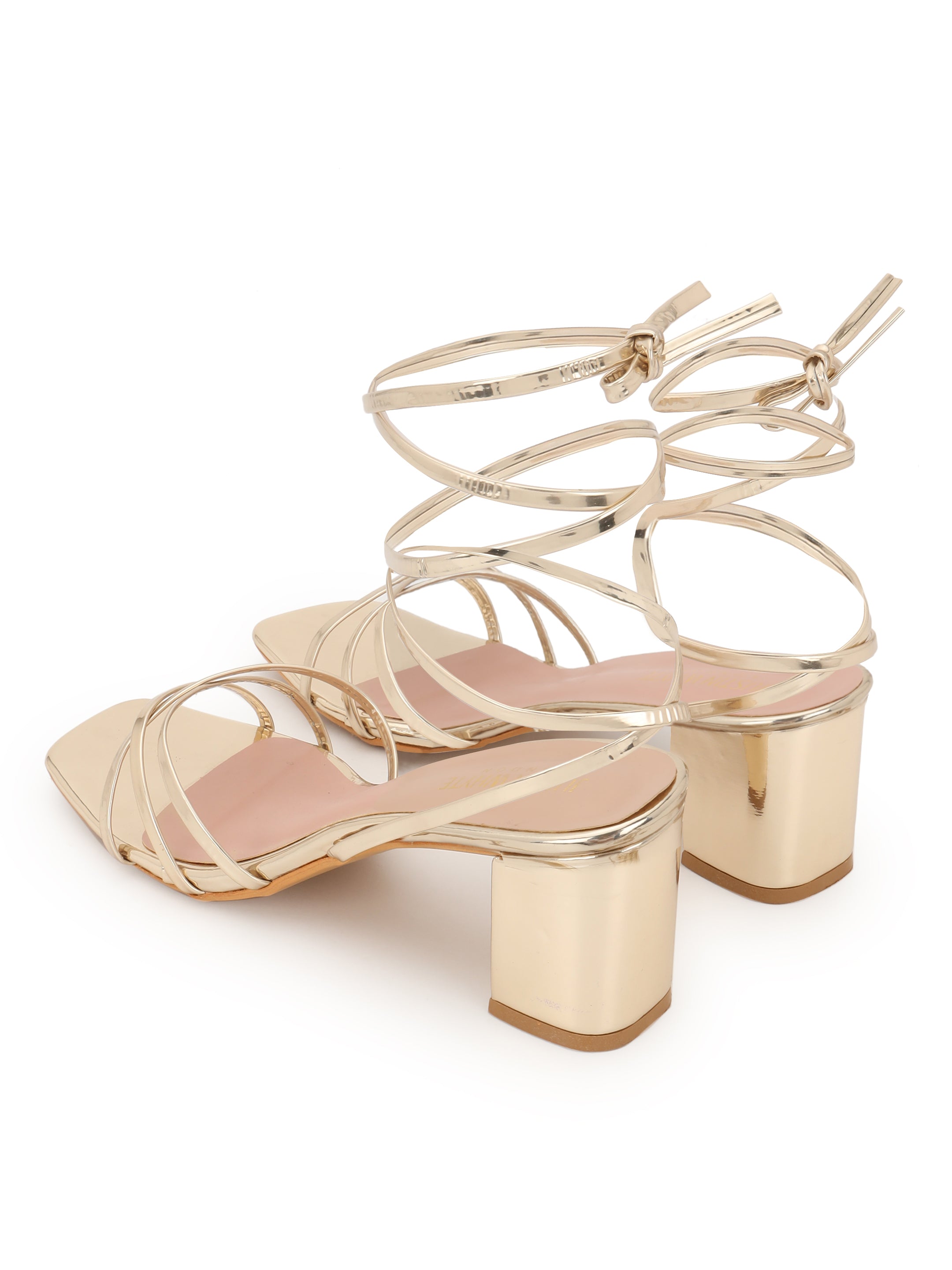 Golden Strappy Block Heel Sandals