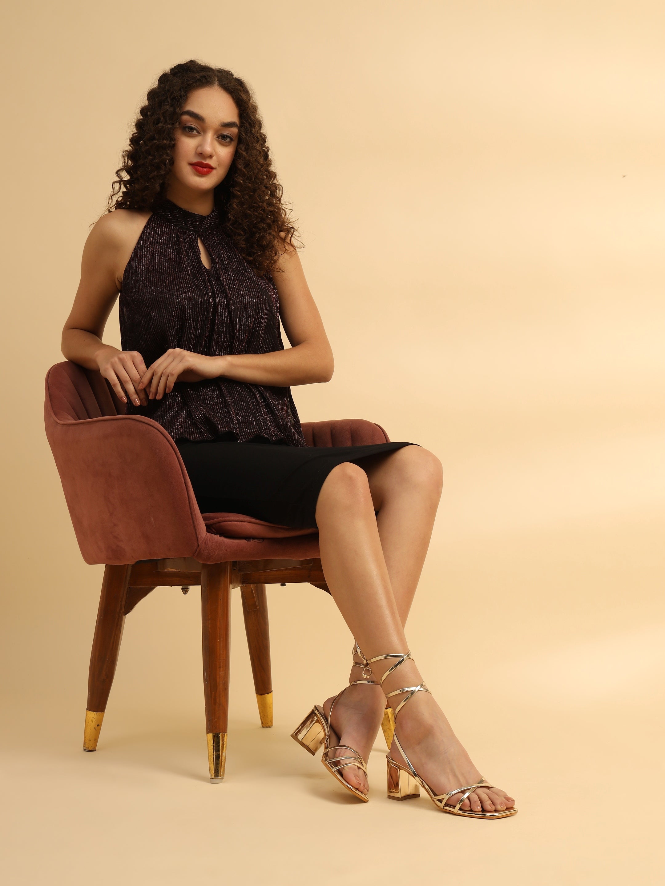Golden Strappy Block Heel Sandals
