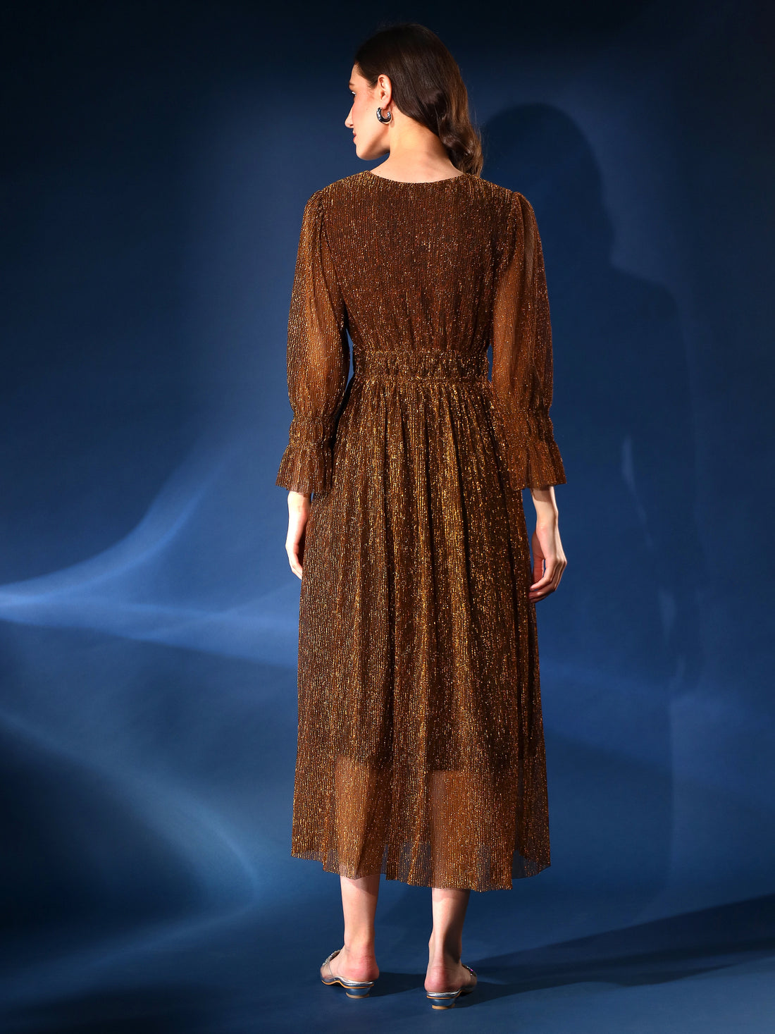 Embellished Brown Pleated Flared Midi Dress