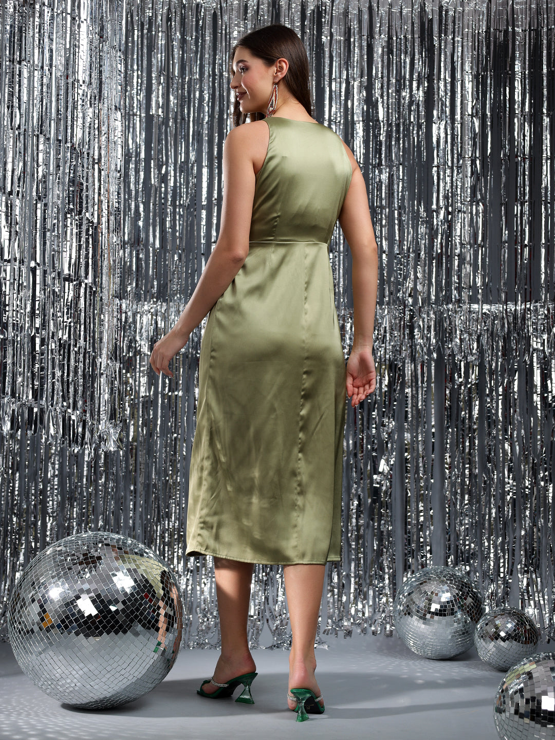 Fancy Olive Green Satin Dress