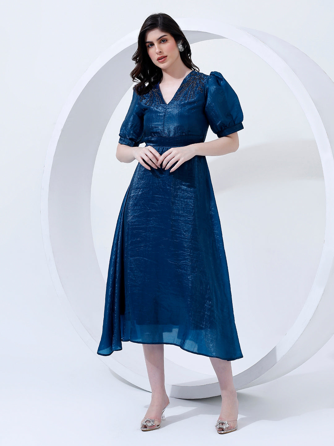 Embellished Blue Pleated Dress