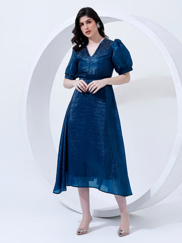 Embellished Blue Pleated Dress