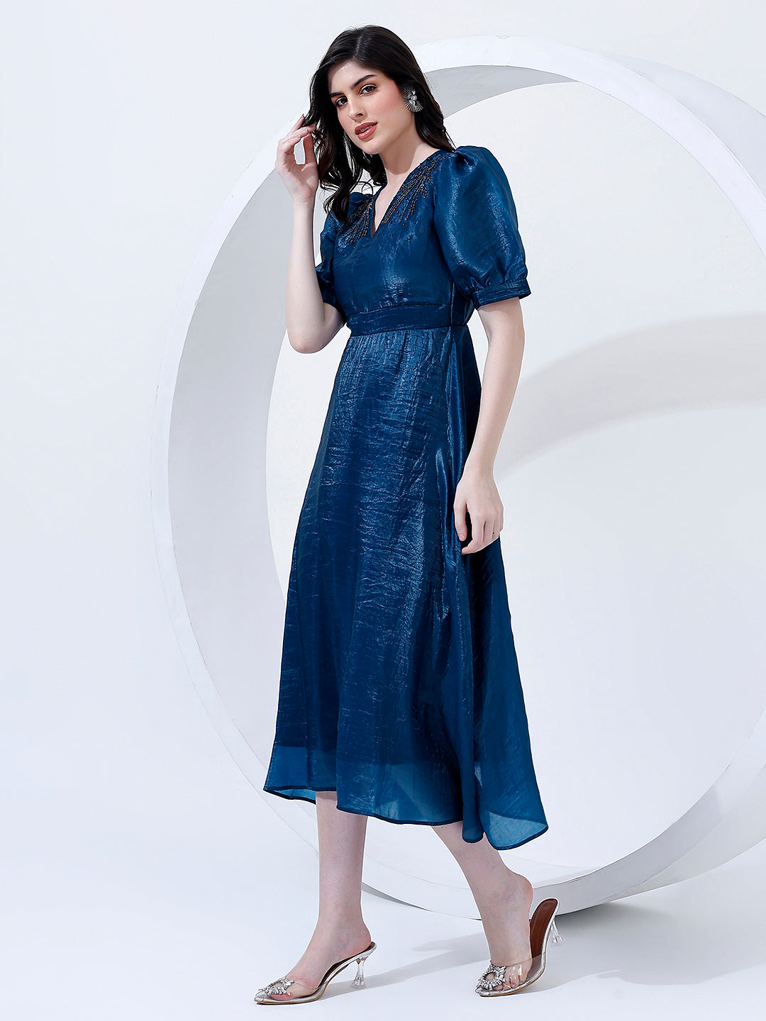 Embellished Blue Pleated Dress