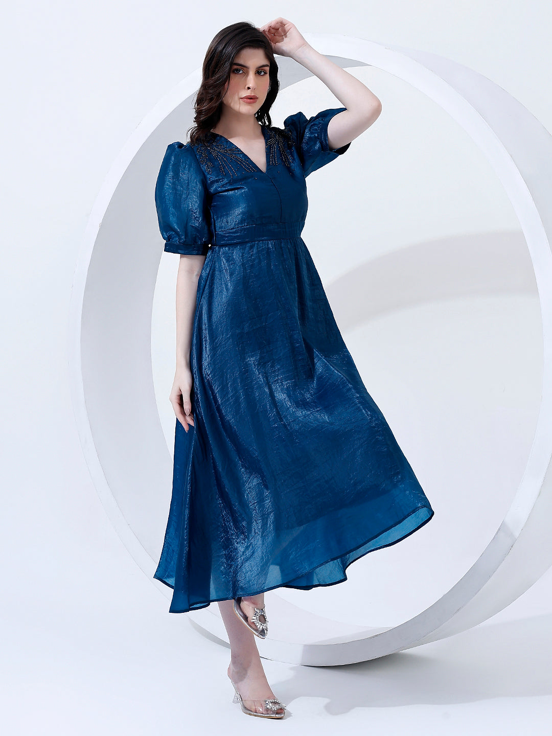 Embellished Blue Pleated Dress