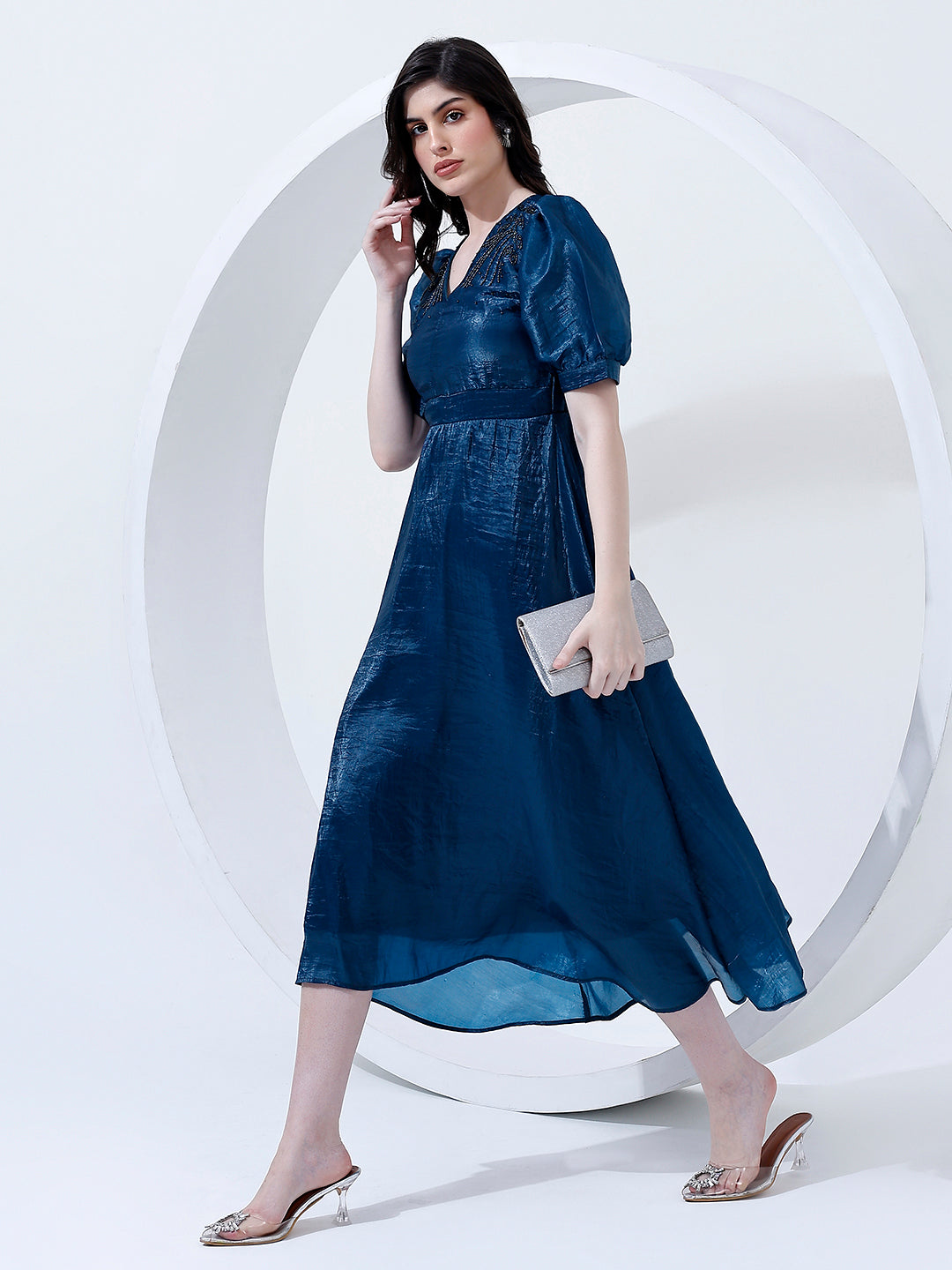 Embellished Blue Pleated Dress