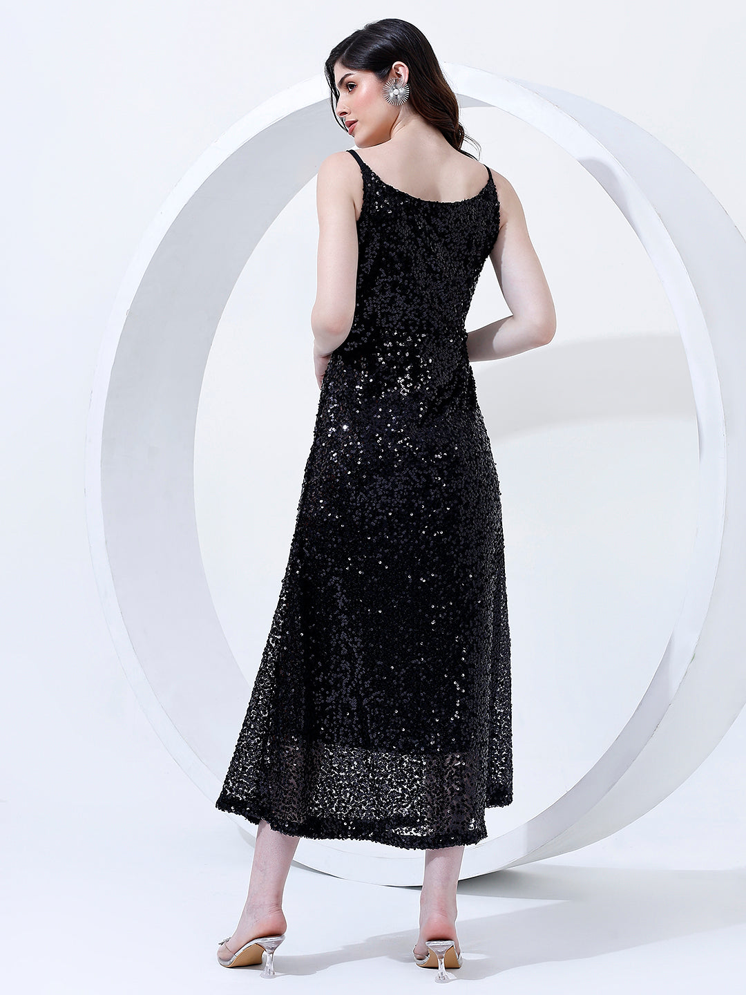 Embellished Black Flared Midi Dress