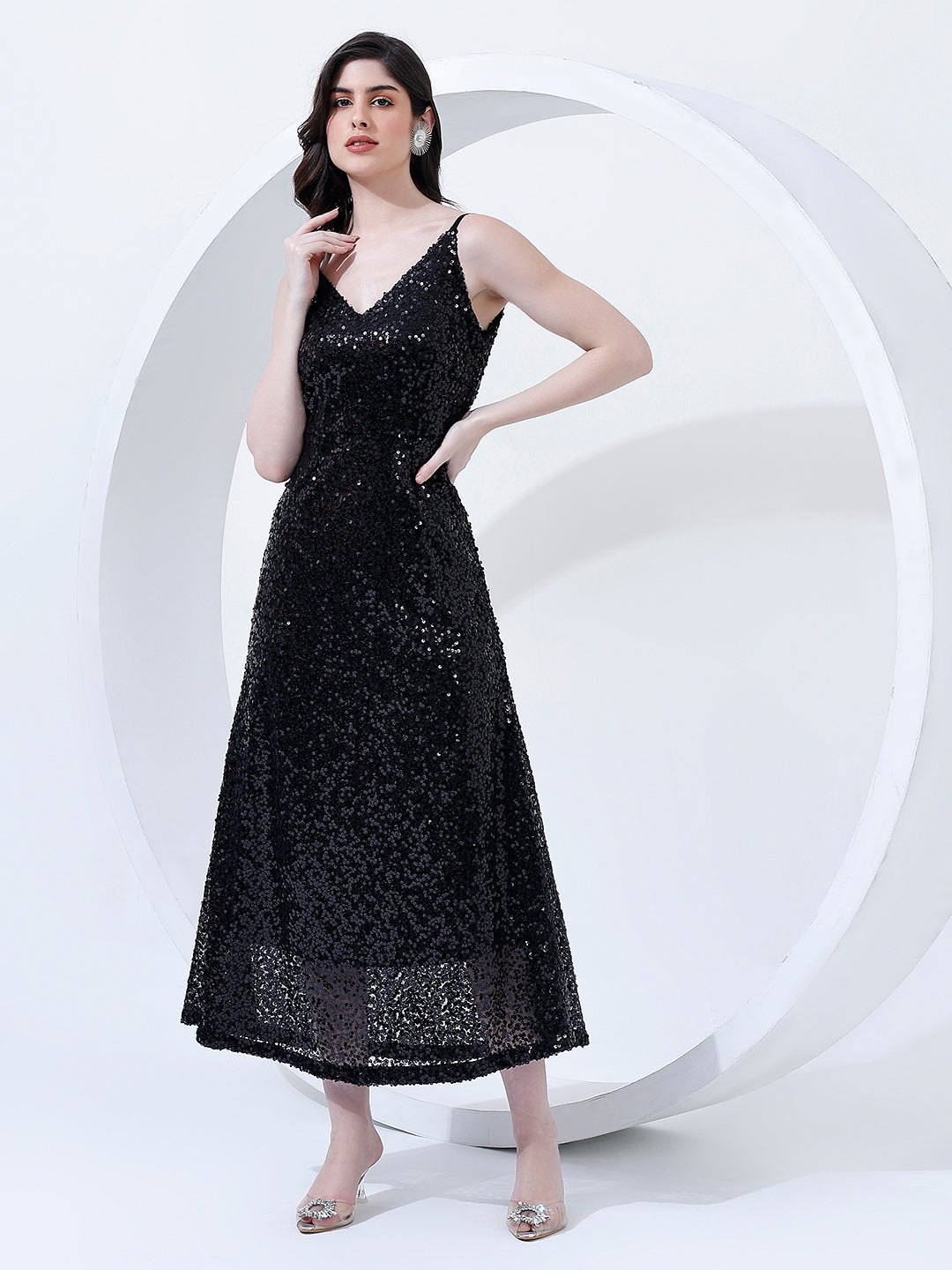 Embellished Black Flared Midi Dress