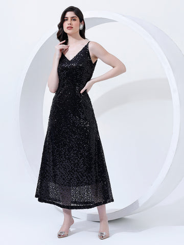 Embellished Black Flared Midi Dress