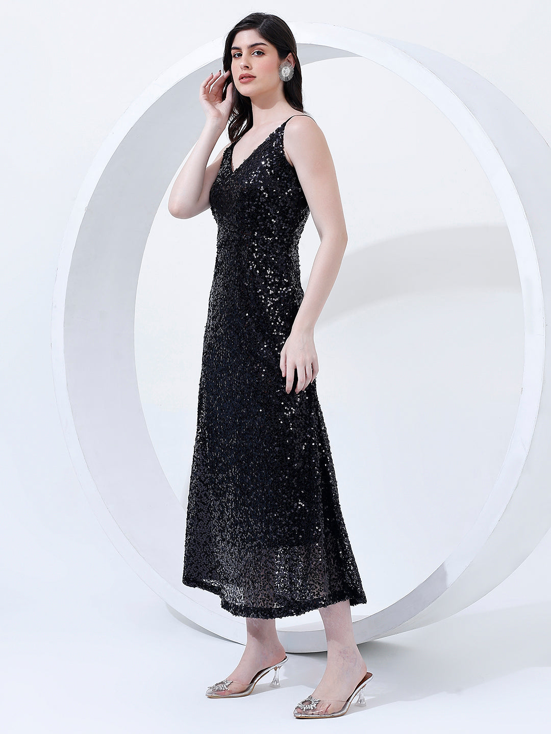 Embellished Black Flared Midi Dress