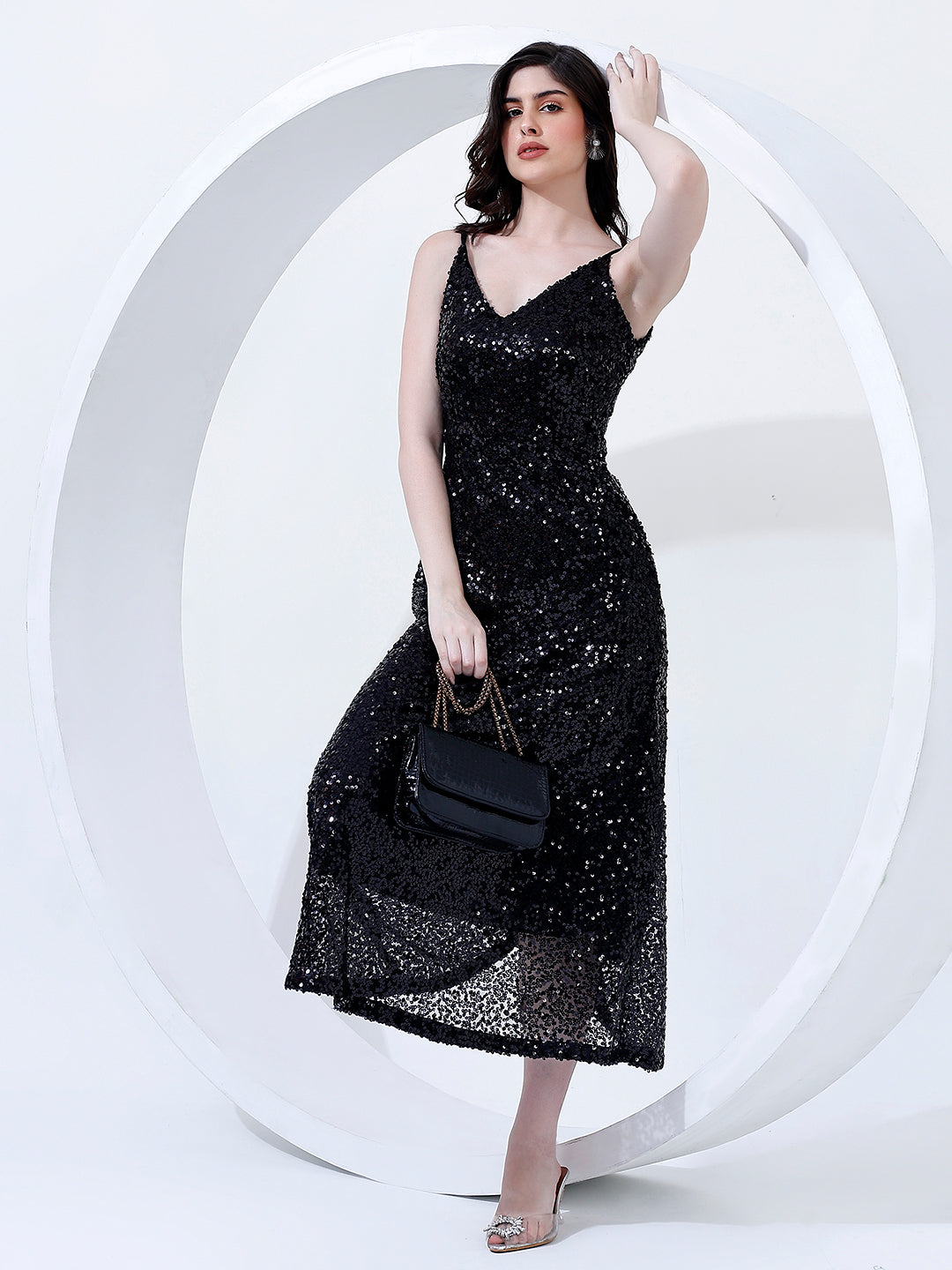 Embellished Black Flared Midi Dress