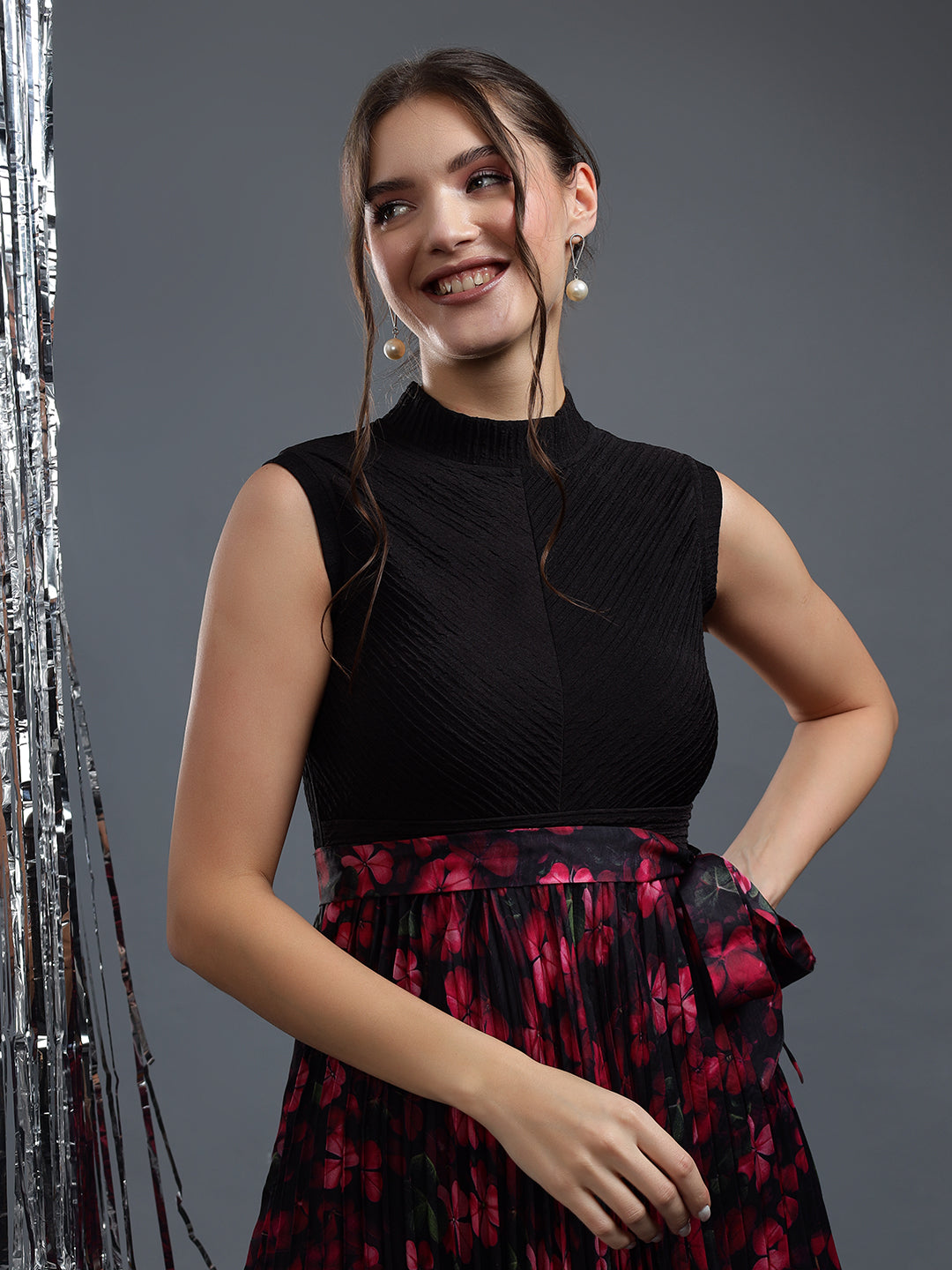 Black and Red Pleated A-Line Dress