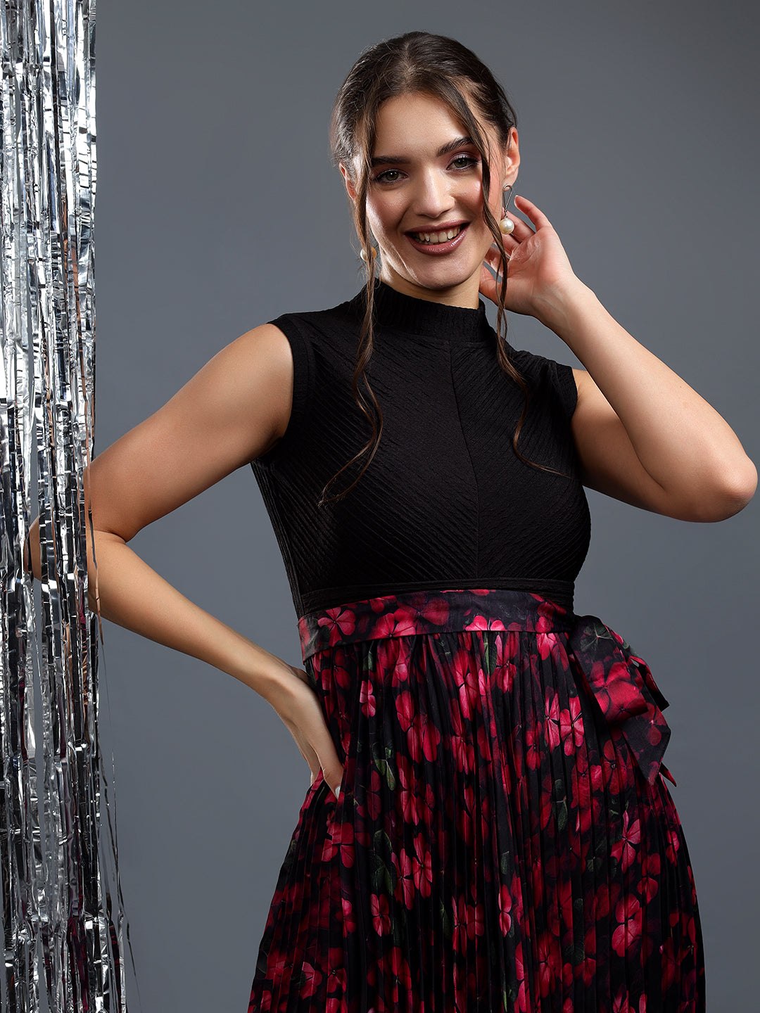 Black and Red Pleated A-Line Dress