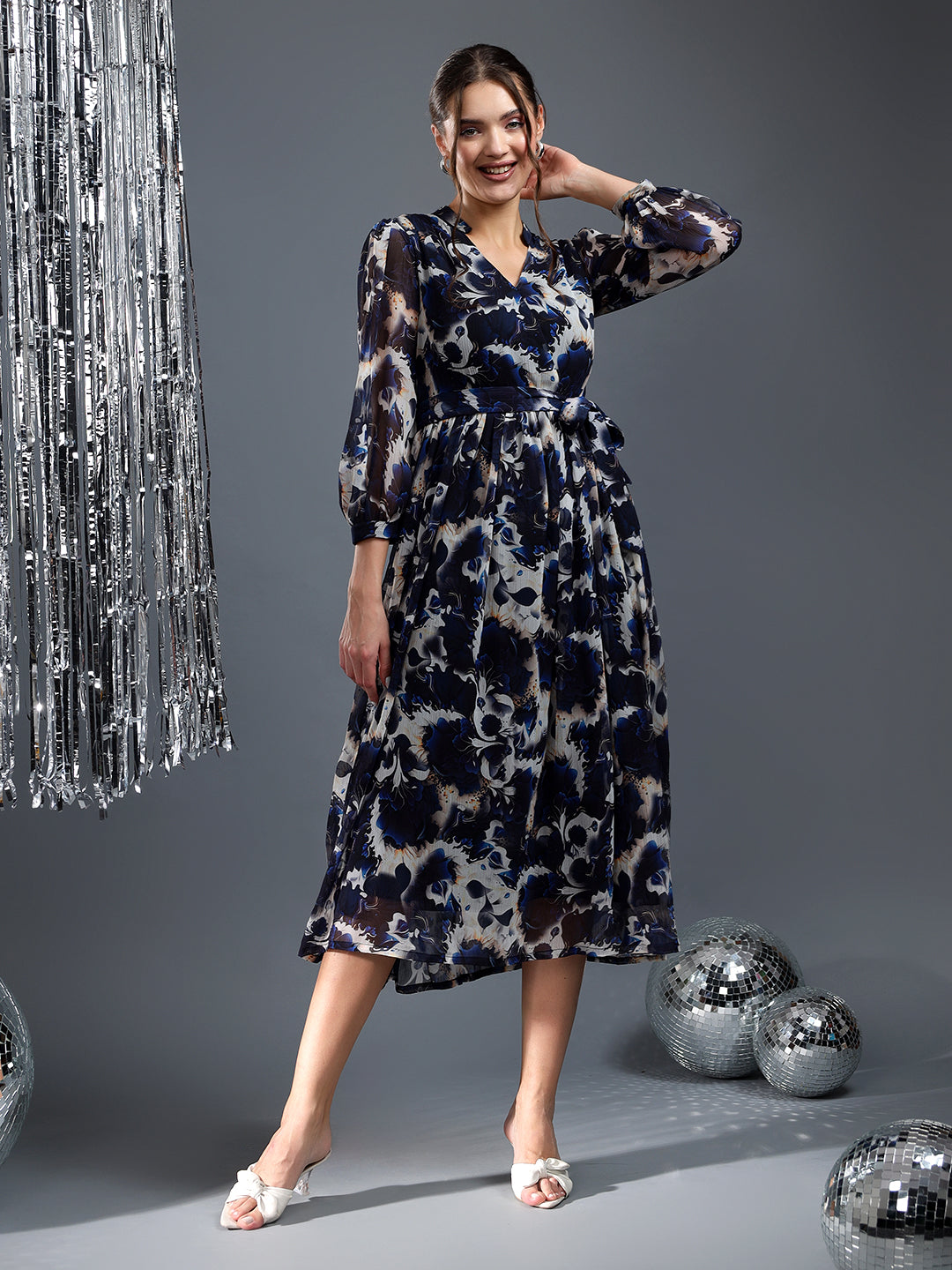 Printed Black and White Flared Dress