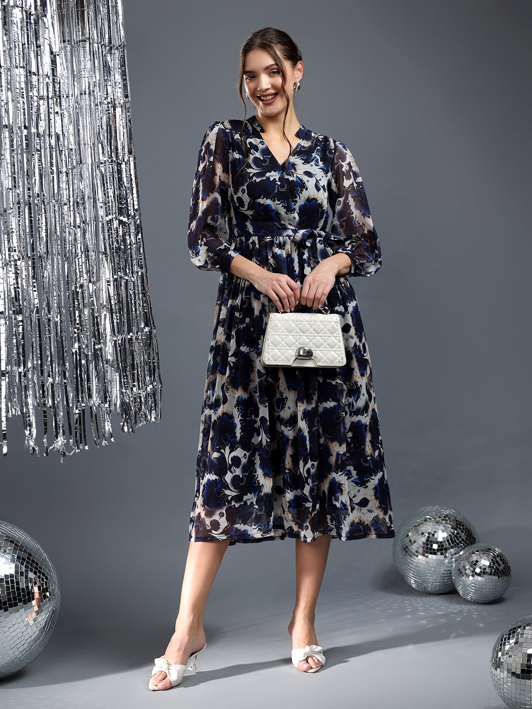 Printed Black and White Flared Dress