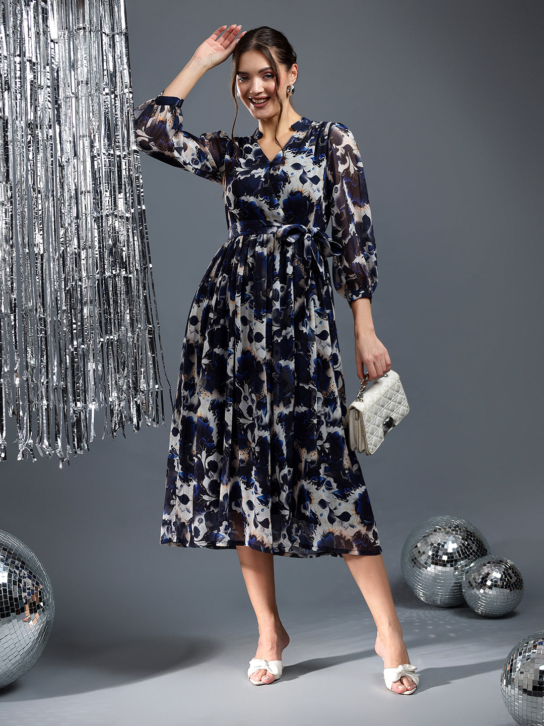 Printed Black and White Flared Dress