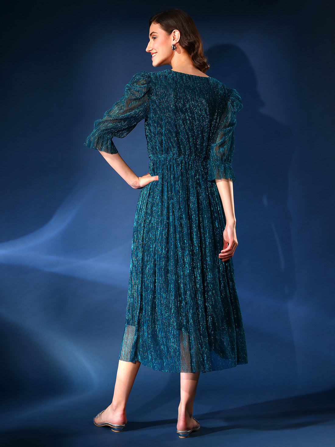 Embellished Blue Pleated Flared Midi Dress
