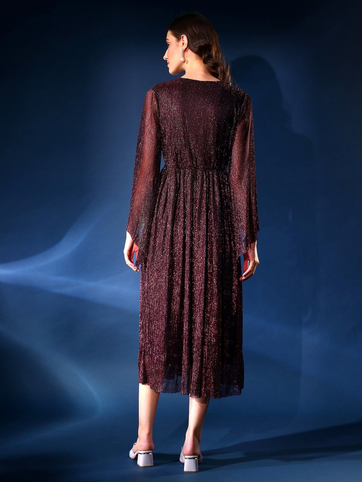 Embellished Purple Pleated Fit & Flair Dress
