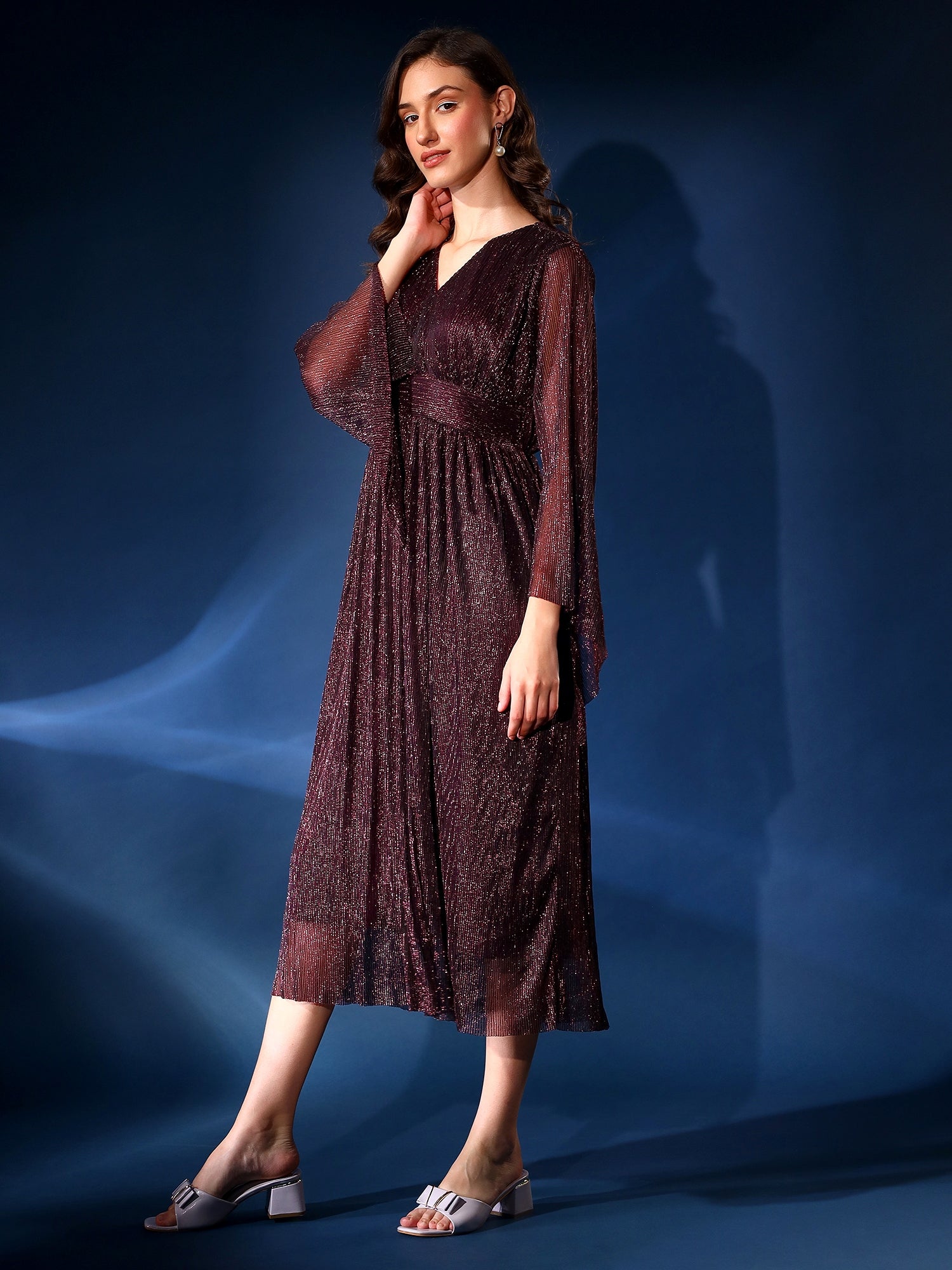 Embellished Purple Pleated Fit & Flair Dress