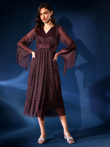 Embellished Purple Pleated Fit & Flair Dress