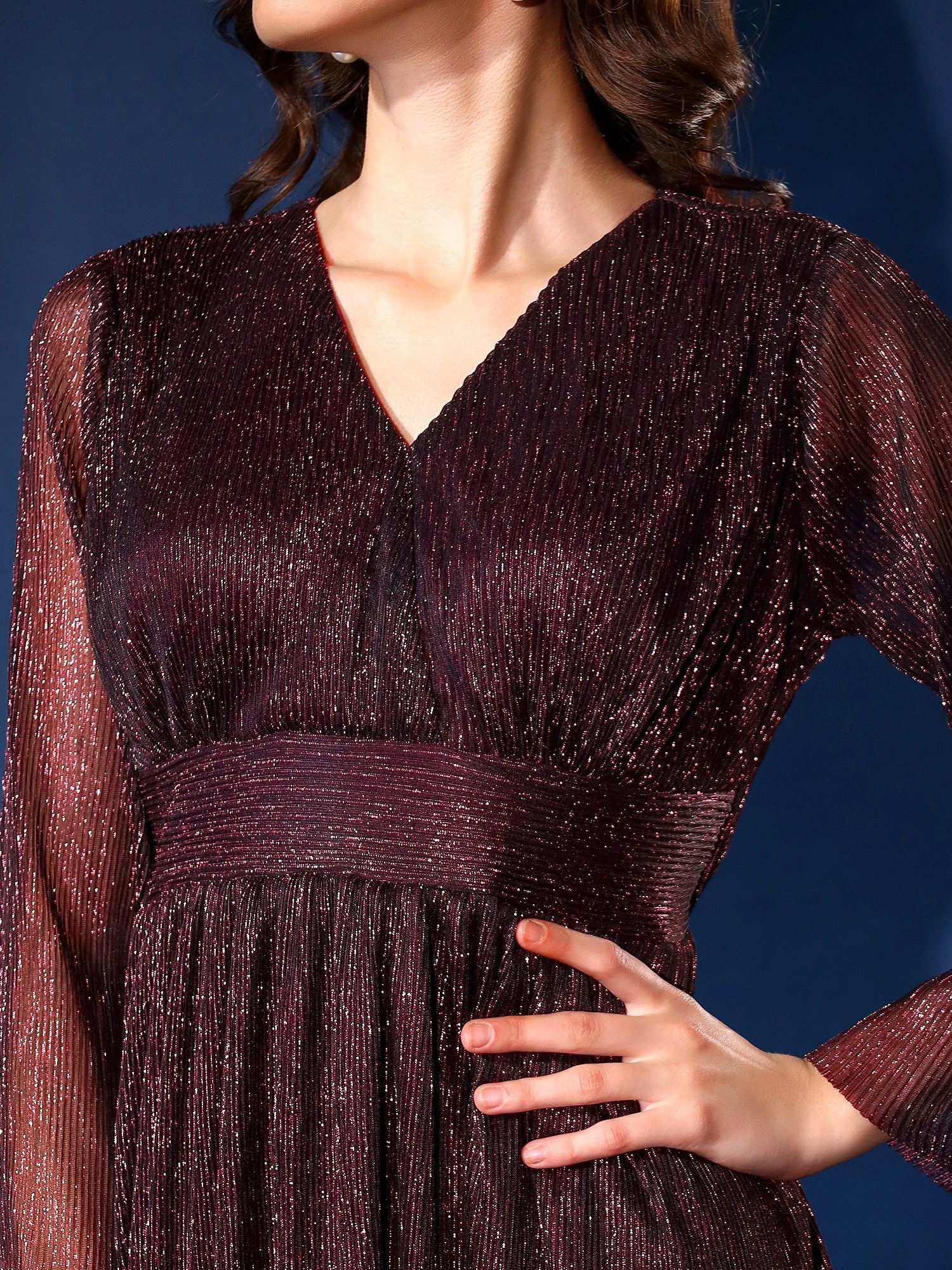 Embellished Purple Pleated Fit & Flair Dress