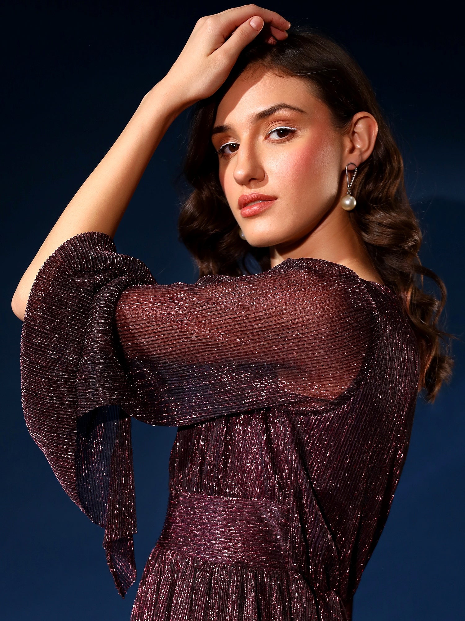 Embellished Purple Pleated Fit & Flair Dress