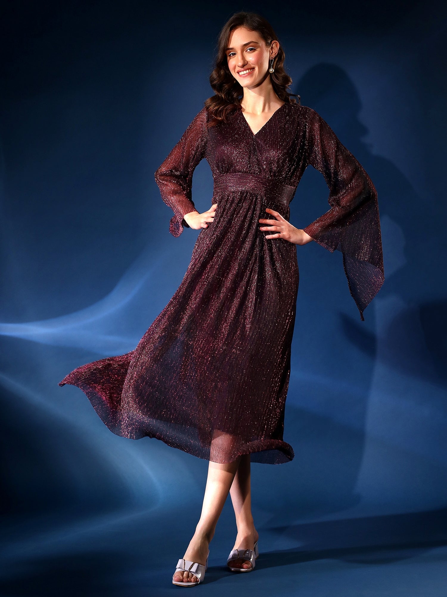 Embellished Purple Pleated Fit & Flair Dress
