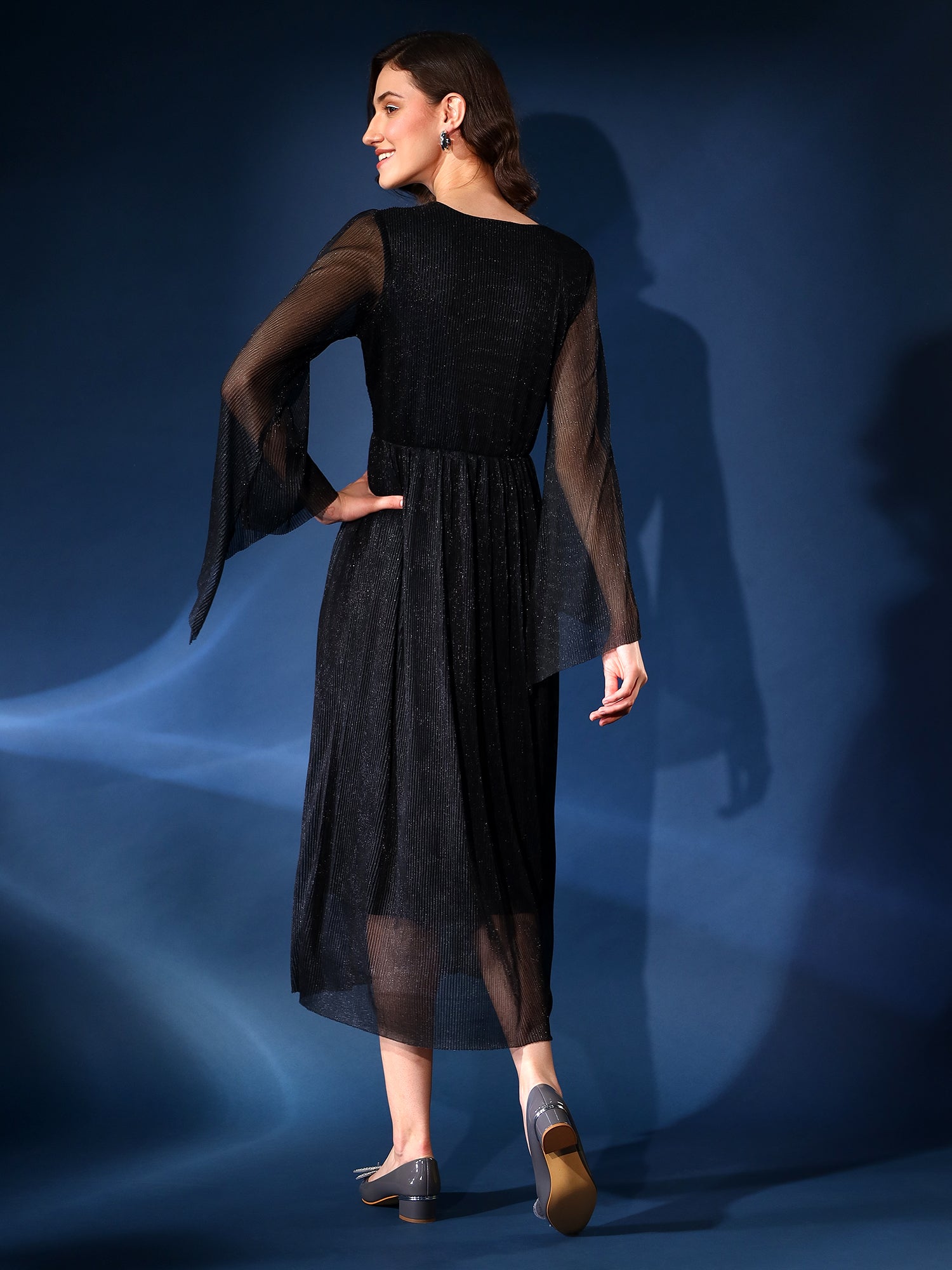 Embellished Black Pleated Dress