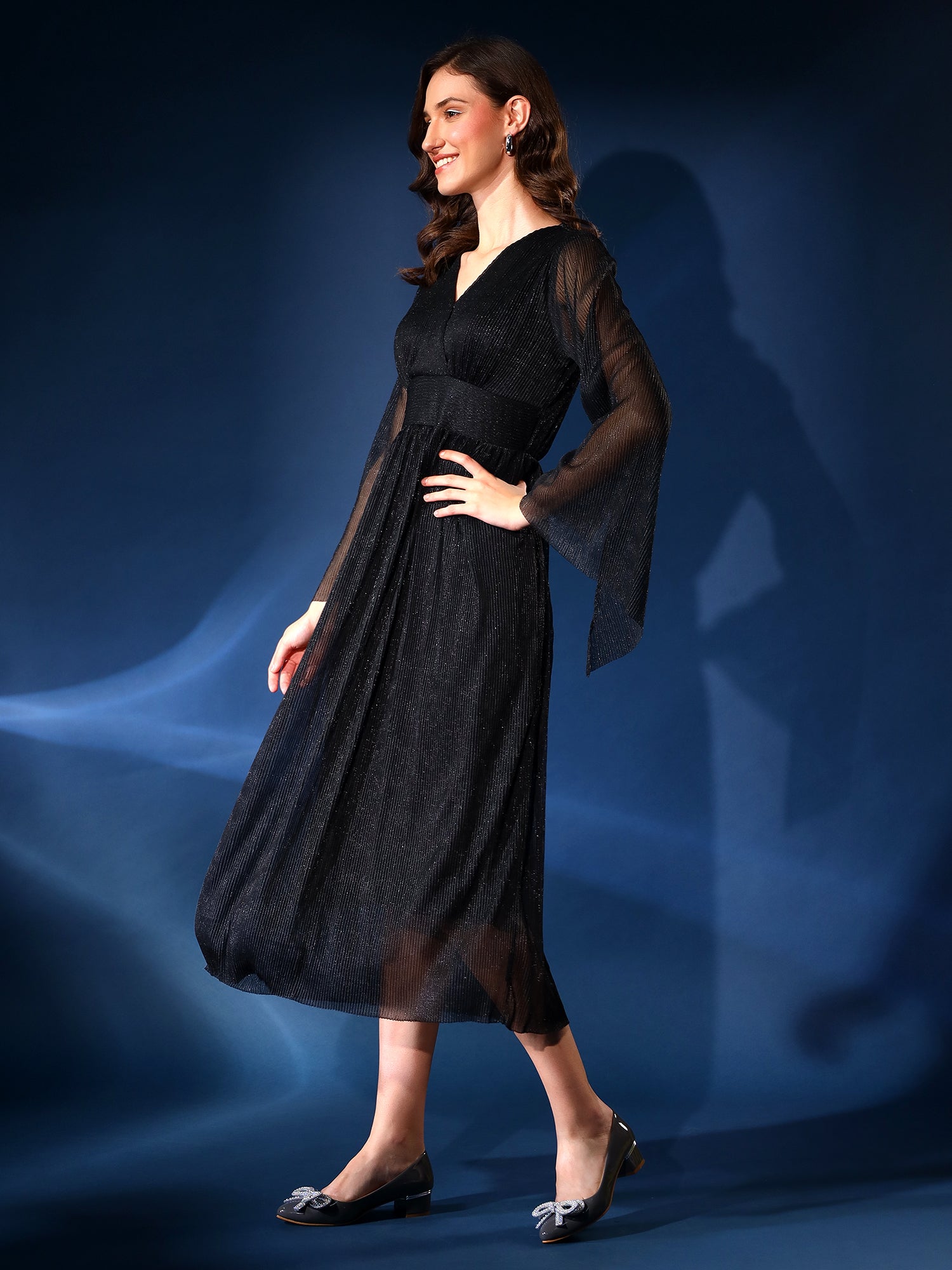 Embellished Black Pleated Dress