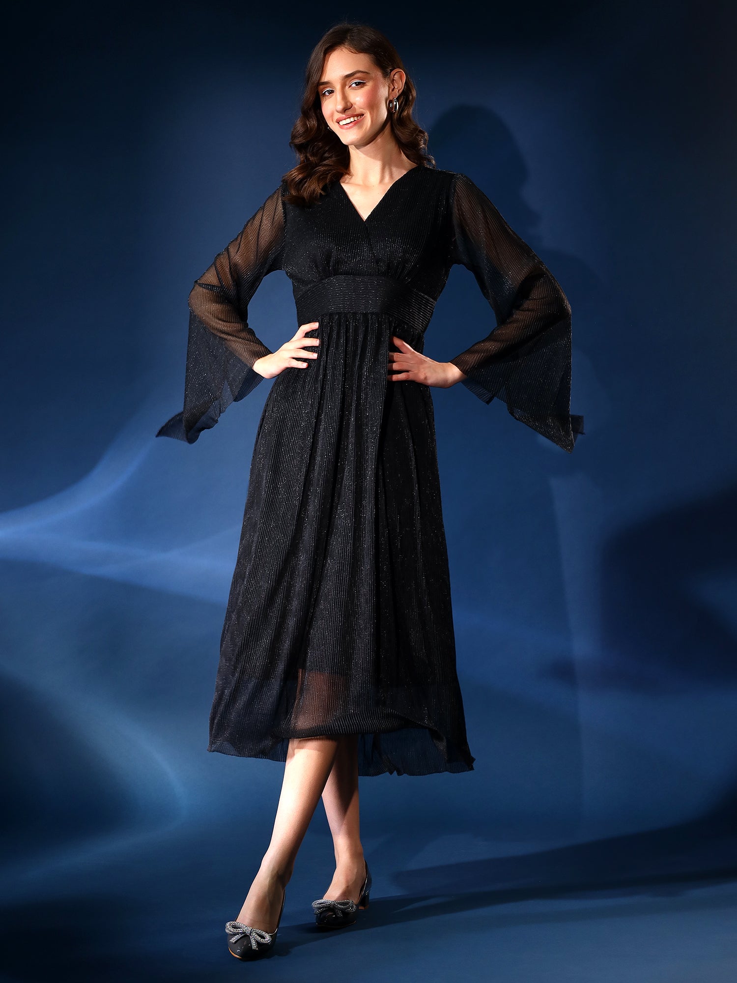 Embellished Black Pleated Dress