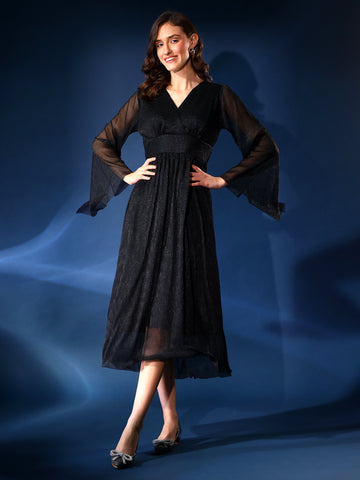 Embellished Black Pleated Dress