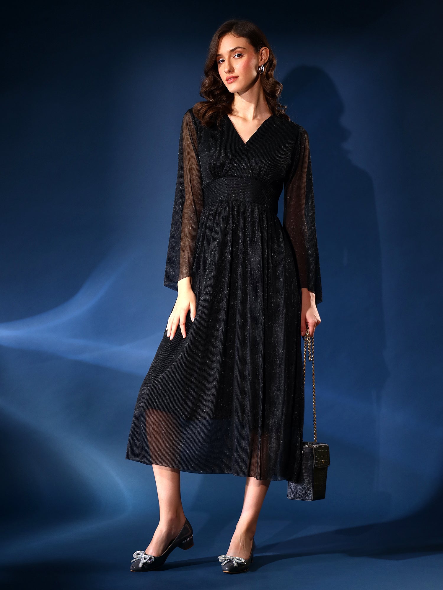 Embellished Black Pleated Dress
