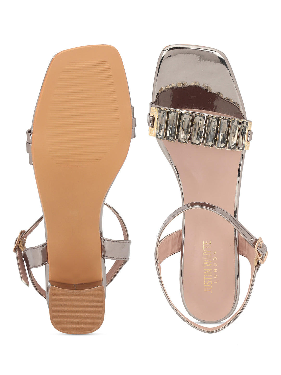 Embellished Metallic Grey Block Heel Sandals