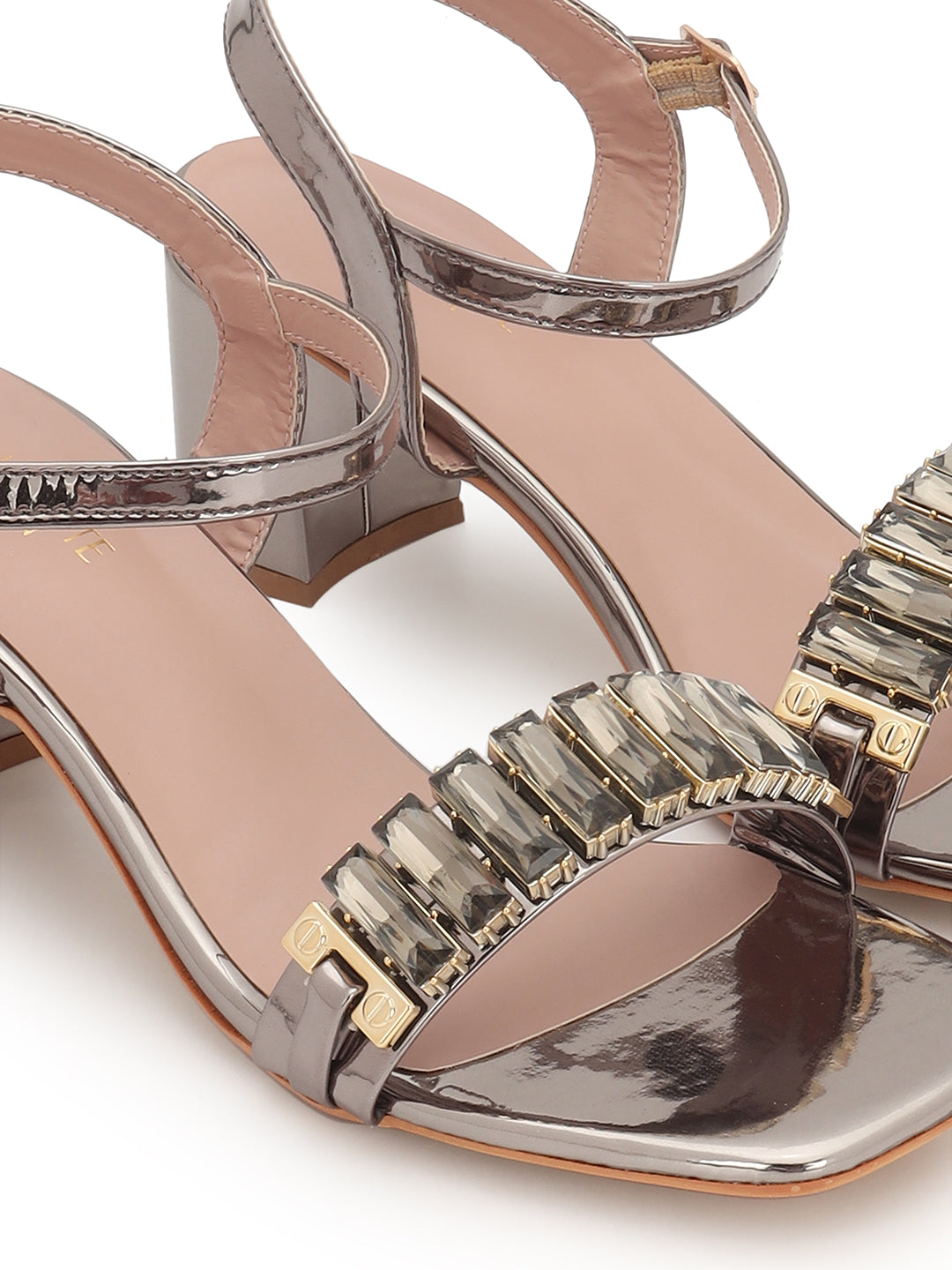 Embellished Metallic Grey Block Heel Sandals