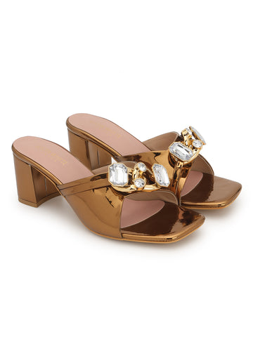 Embellished Copper Block Heel Sandals