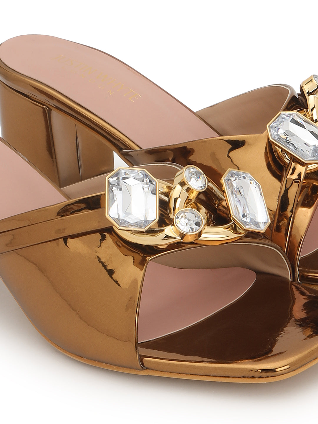 Embellished Copper Block Heel Sandals