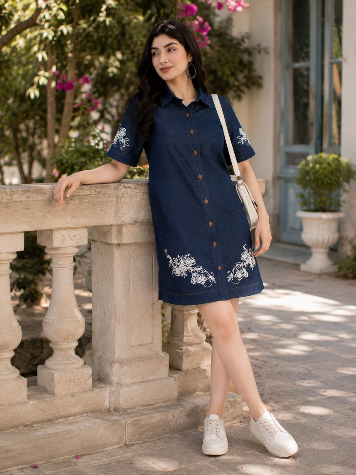 Fancy Blue Embroidered Denim Mini Dress