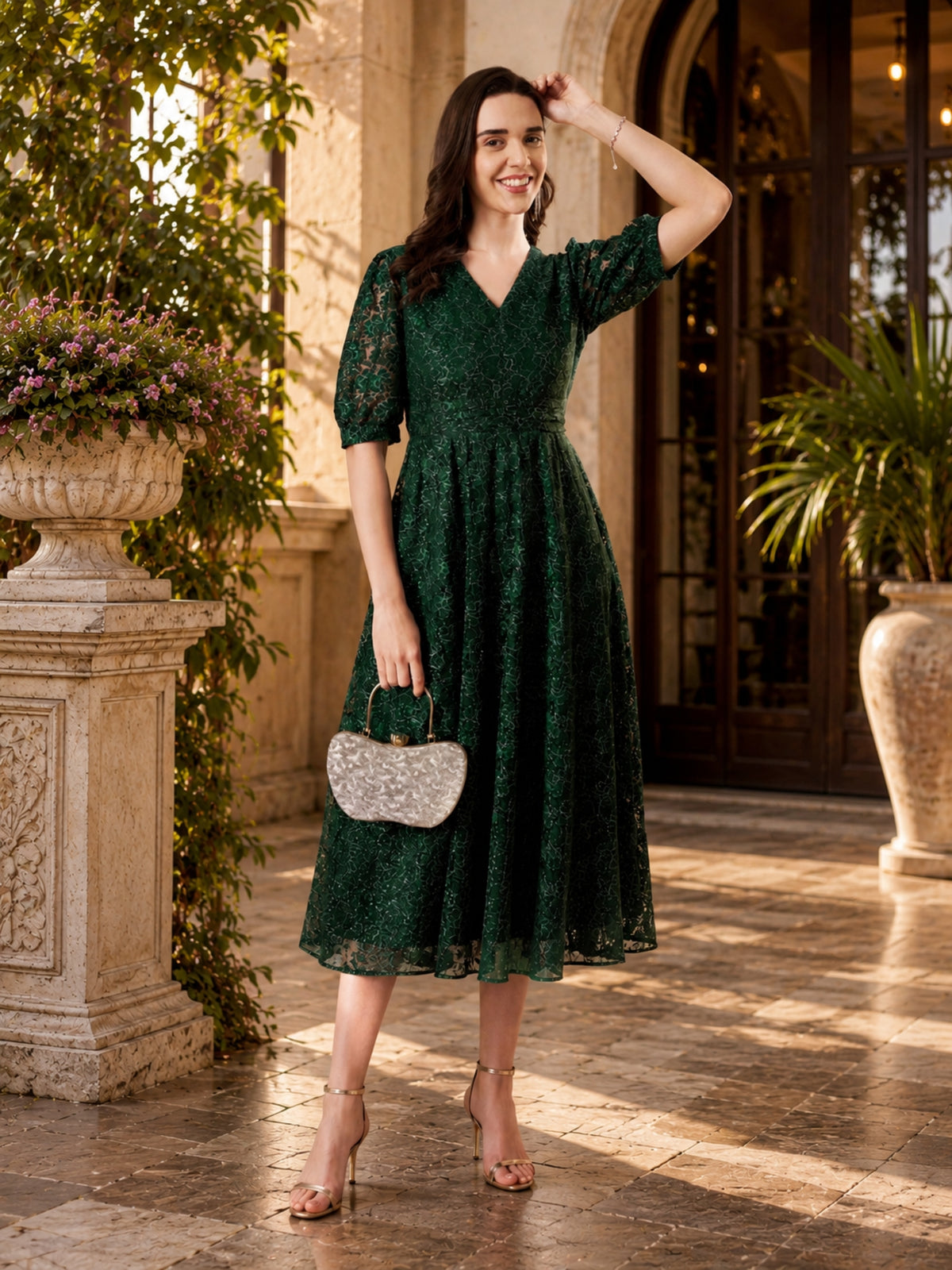 V-neck Fit & Flair Lace Dress
