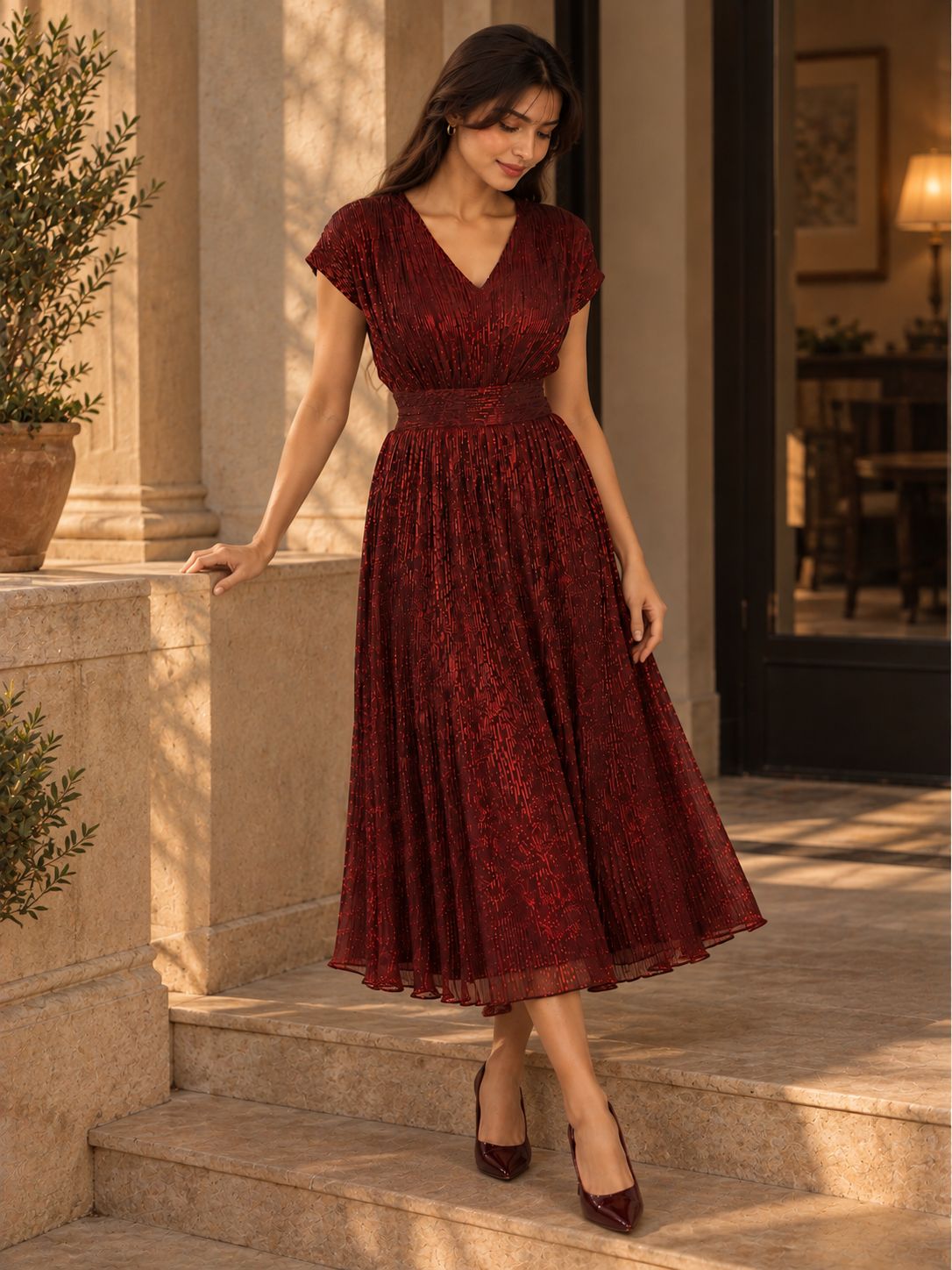 Metallic Poly-Chiffon Evening Dress