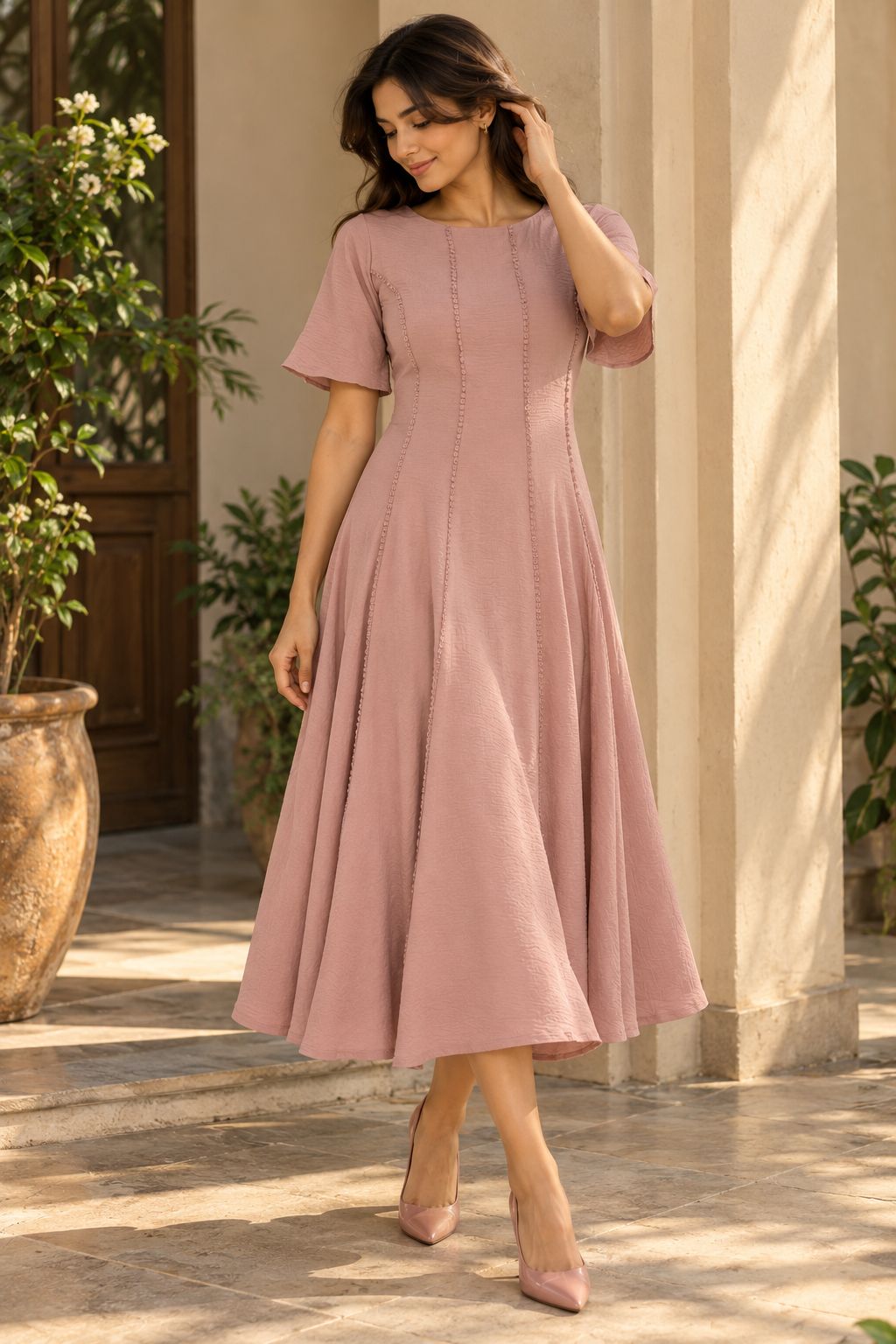 Dusty Rose Fit & Flare Midi Dress